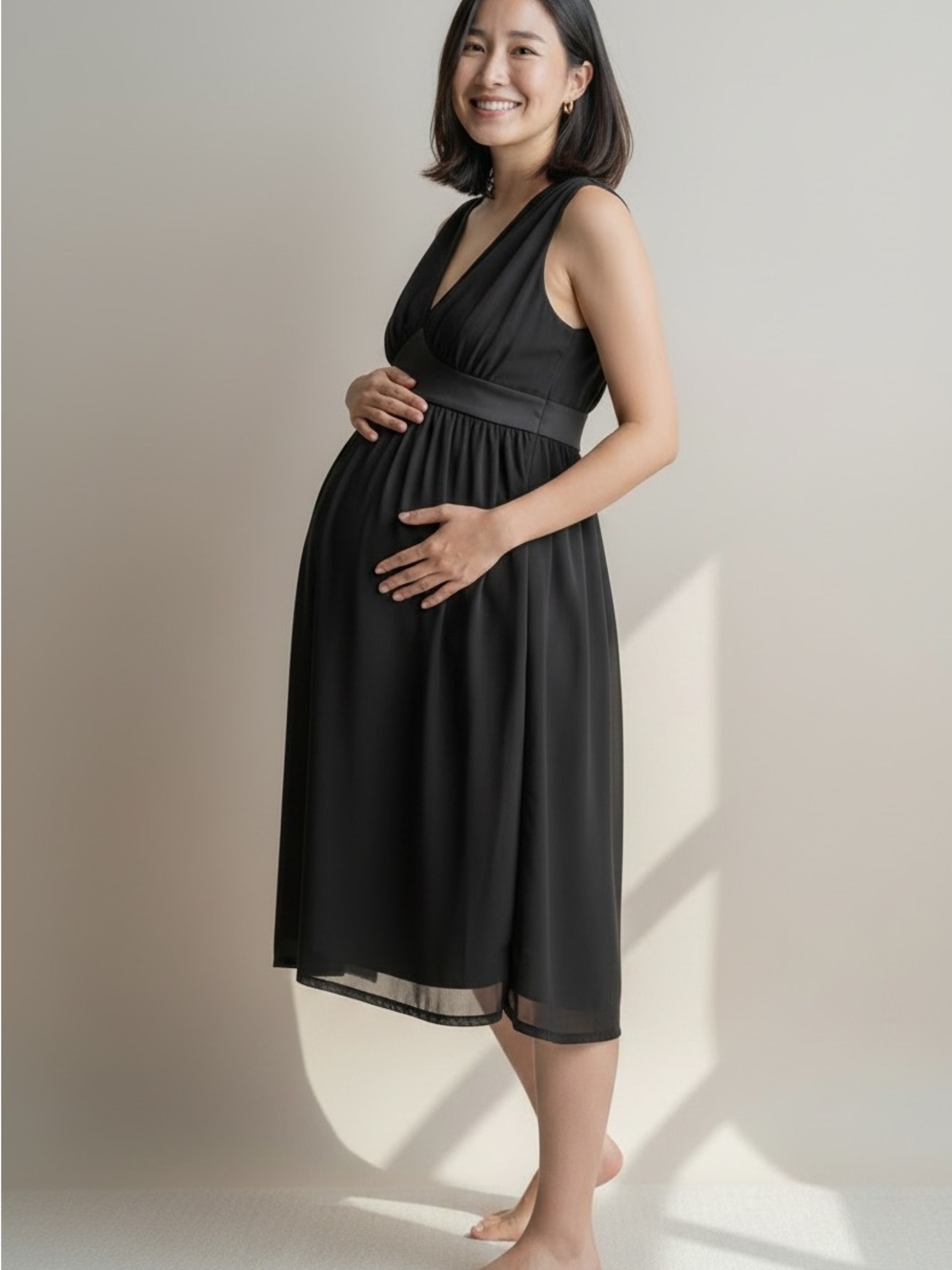 Maternal America Black Sleeveless V-Neck Midi Maternity Dress